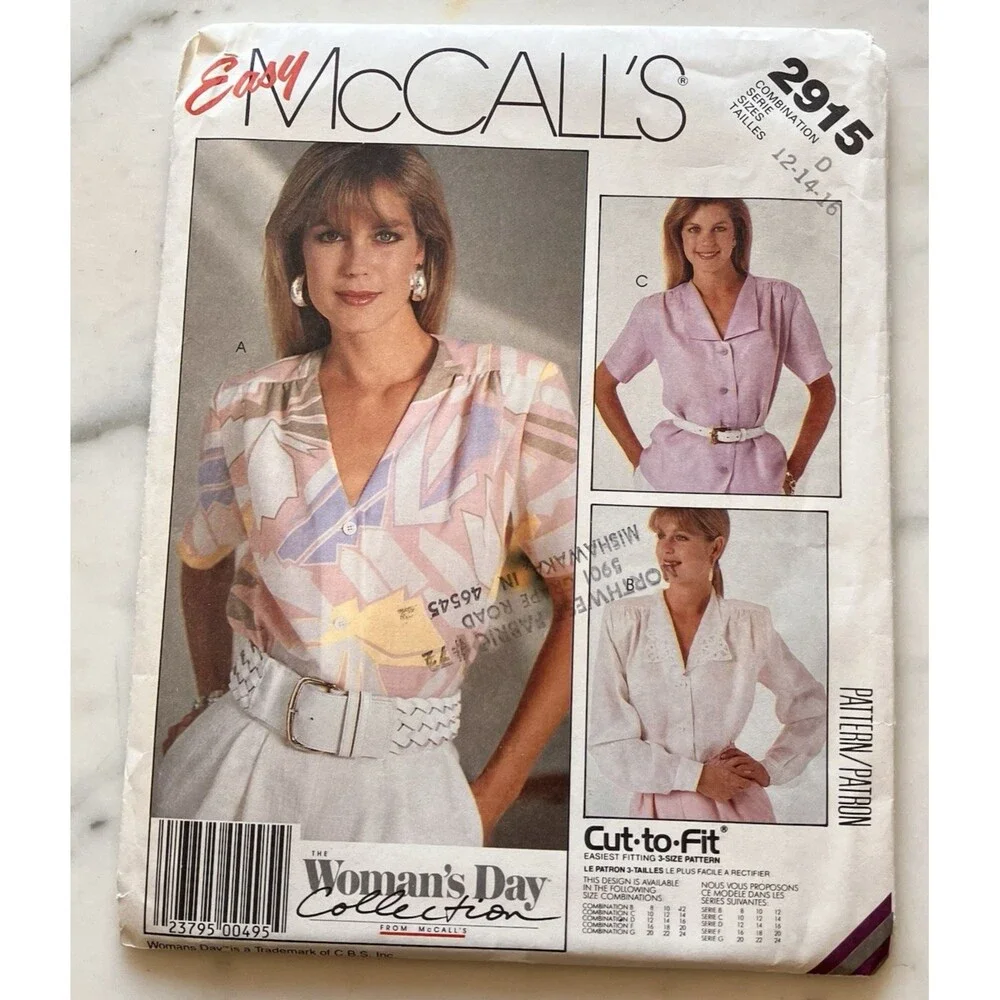 Vintage‎ McCall's Pattern 2915 Women’s Day Collection Blouses Sz 12-14-16 Uncut
